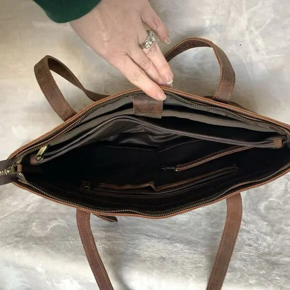 NEW MH 100% Genuine Leather Distressed Brown Large Tote Laptop Bag Purse - Picture 14 of 16